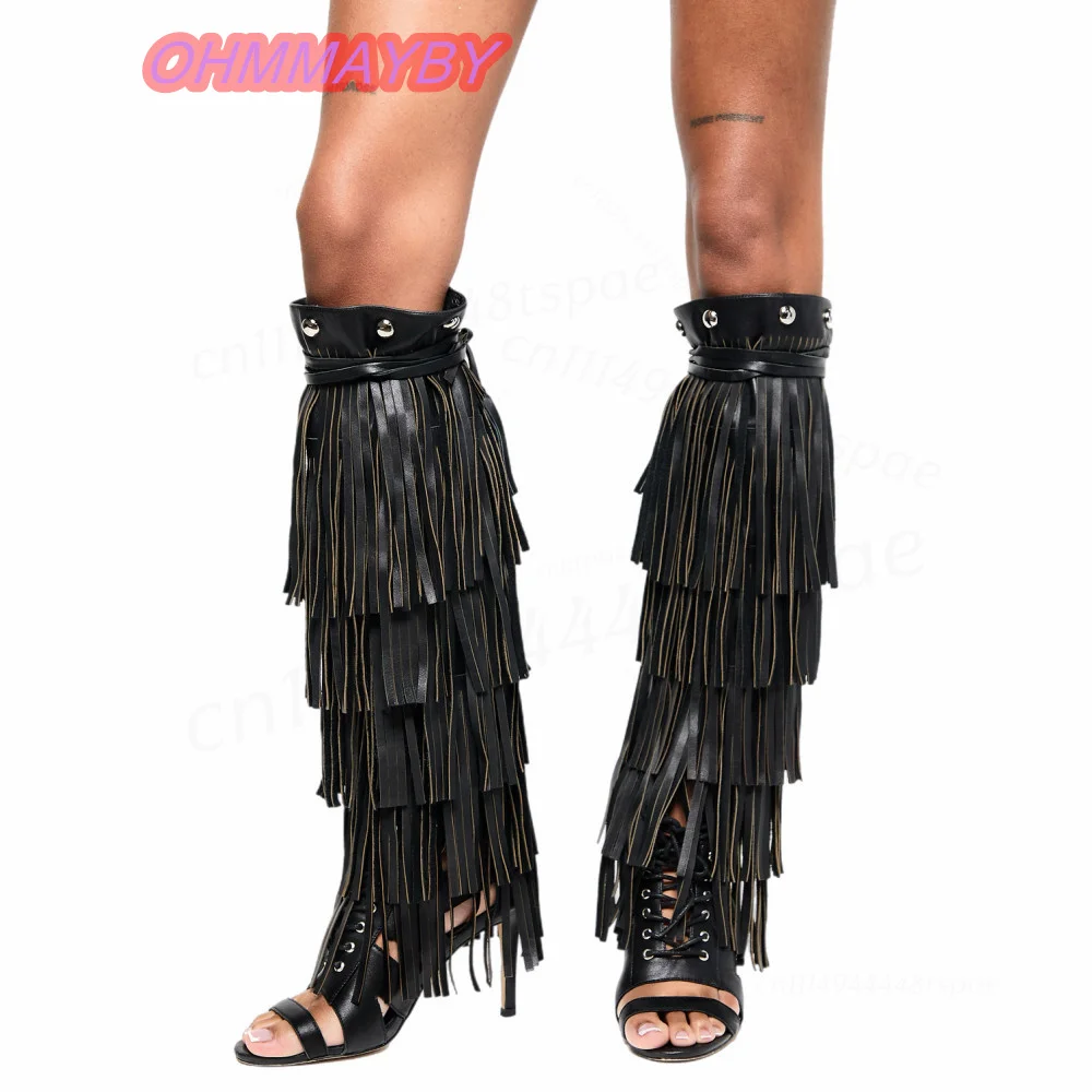 Black Fringe Knee High Sandals for Women Open Toe Stiletto High Heels Lace Up Layered Tassels Studded Cuff Festival Party Shoes