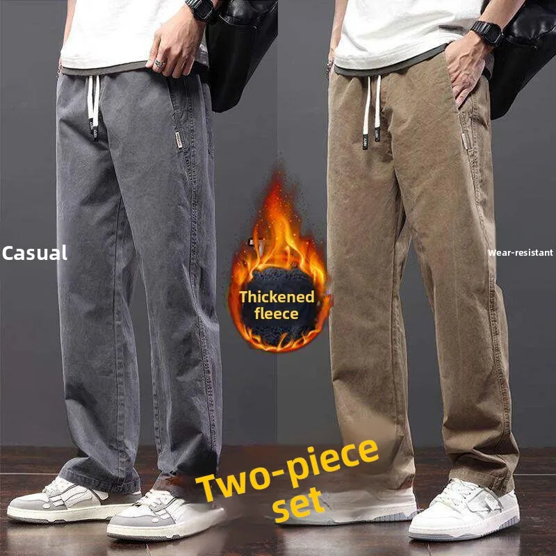 Thickened Fleece Lined Straight Leg Work Trousers for Men Autumn Winter Wear Resistant Construction Site Dirt Proof Casual Pants