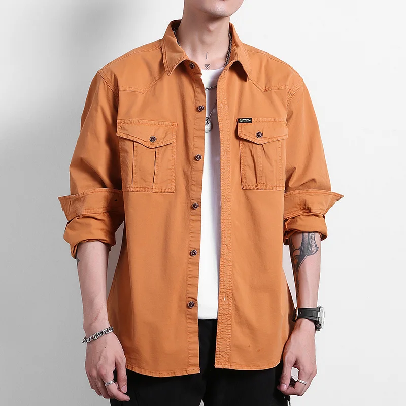 Men's Long Sleeve Shirt Cotton Relaxed Fit Military Tactial Shirts With Pockets Solid Outdoor Work Shirt Button Down Tops