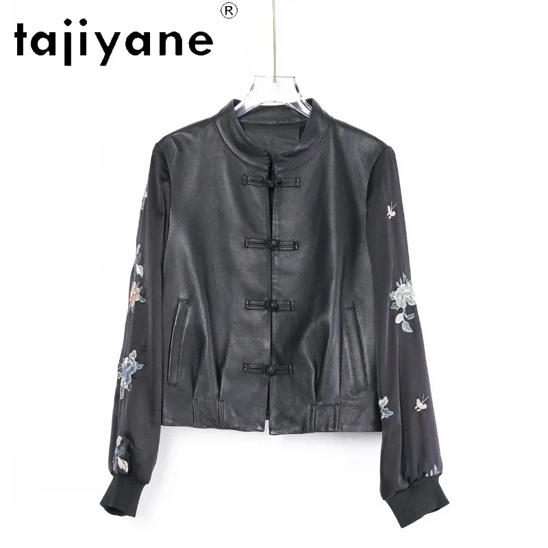 TAJIYANE Genuine Leather Jacket Woman Embroidered Acetate Spliced Sheepskin Coat Frog‑Button Cropped Jackets for Woman Outerwear