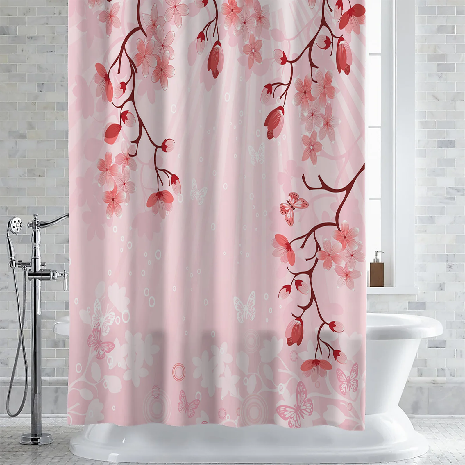 Butterfly Flower Branch Petal Pink Waterproof Shower Curtain Bathroom Fabric Polyester Shower Curtains Bath Decor Curtain