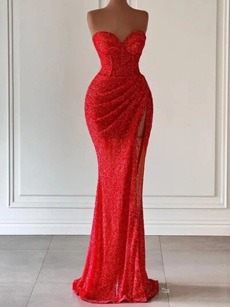 Customized Euramerican Fashion Popular Strapless Sleeveless Evening Dresses Summer Popular Slim Waist Mermaid Gown Sexy Split Se