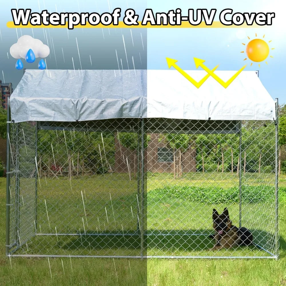 Large Outdoor Dog Kennel 10'x6'x7.65' with Roof, Heavy Duty Outside Dog Enclosure with Galvanized Chain Link, Lockable Door