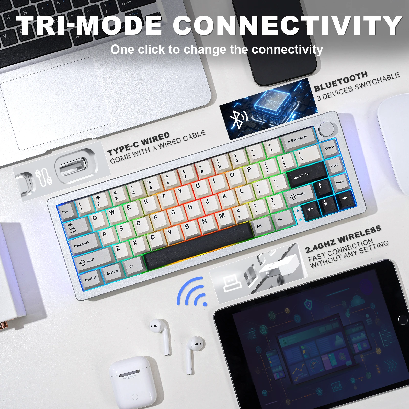 YUNZII AL66 Wireless Mechanical Keyboard, CNC Aluminum 65% Knob ...