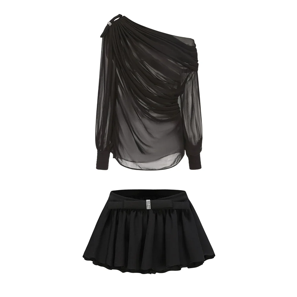 Elegant Sexy Chiffon One Shoulder Lantern Sleeve Two Piece Set Dress Luxury Pleated Mini Skirt Party Club Prom Birthday Gown