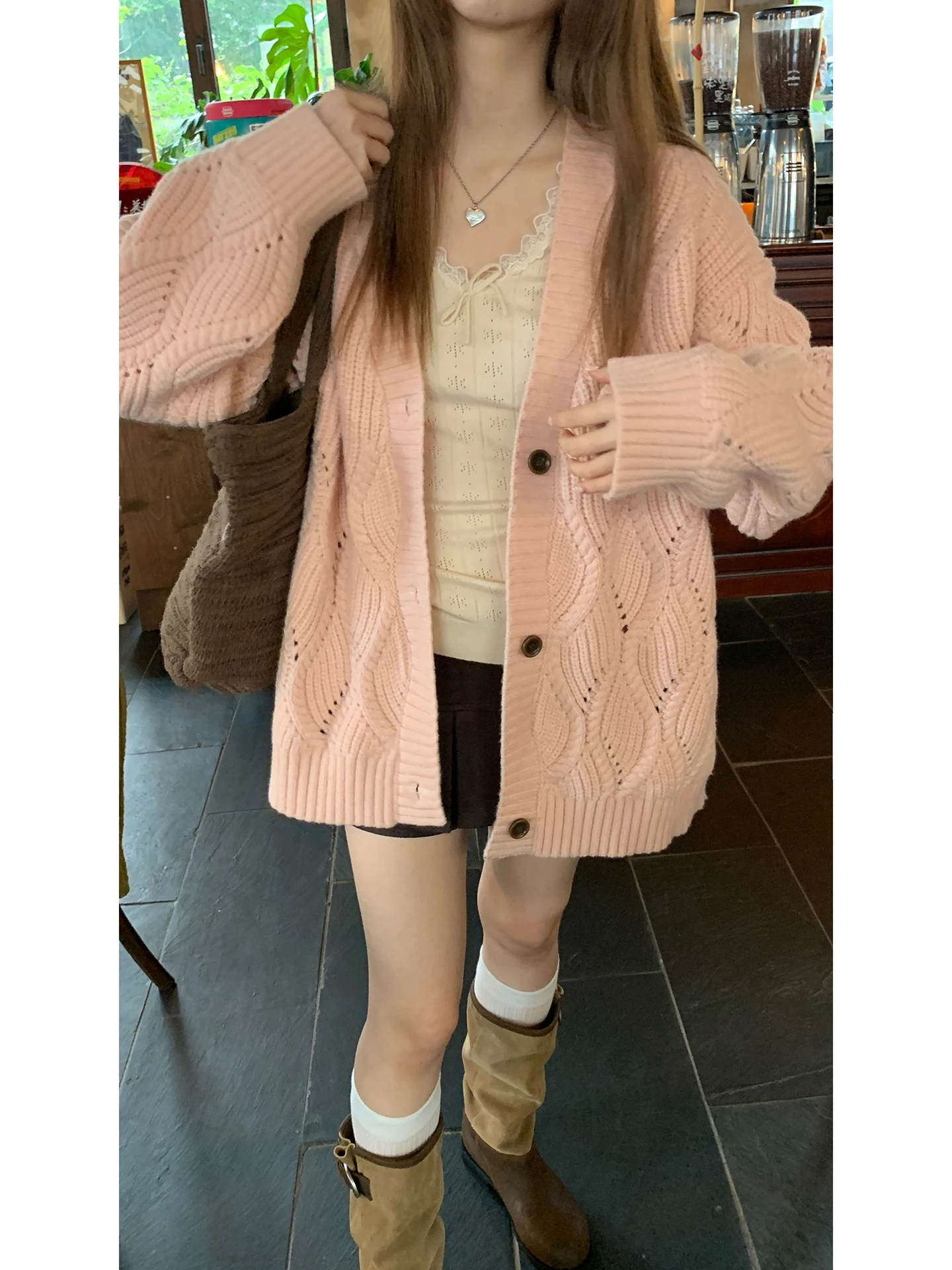 

Pink Knitted Open Cardigan Women's Early Autumn Outfit Top Outerwear Aosphere Sense Loose Fit Long Sve V-Ne Button down