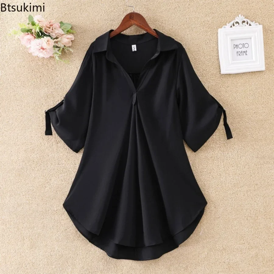 2025 verão feminino sólido chiffon blusas moda solta elegante com decote em v pulôver casual camisa de manga curta senhoras meados de comprimento topos