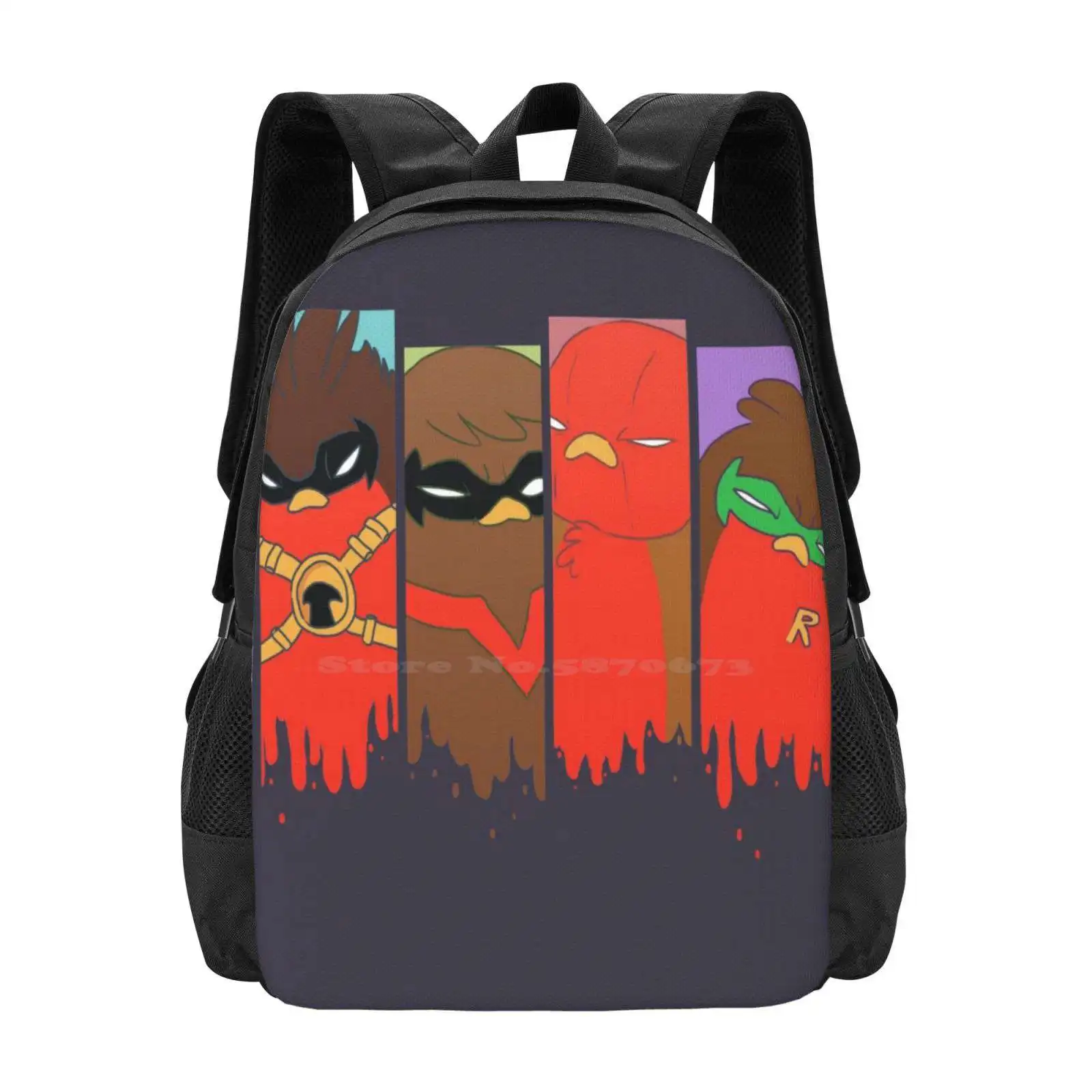 Go!Robins!-4 Brothers School Bag Big Capacity Backpack Laptop Go Robins Superheroes Paint Dripping Birds Side Kicks Comics