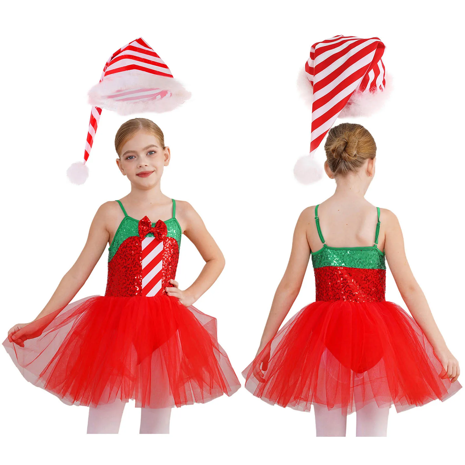 Mädchen Weihnachten Party Kleid Bogen Pailletten Mesh Tutu Trikot mit Hut Weihnachten Santa Claus Cosplay Kostüm Ballett Tanz Skating Kleidung