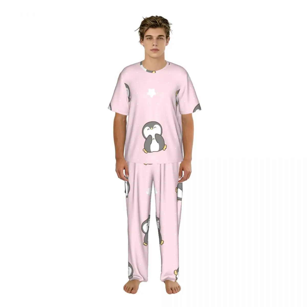Men Pajamas Set Cartoon Penguin With White Dots And Stars Short Sleeve Spring Summer Lounge Sleepwear Male Nightwear