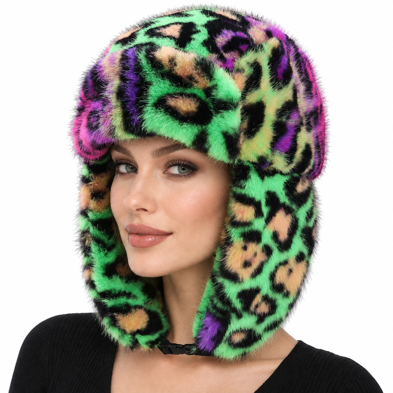 Women's Winter Hat – Western-Style Faux Mink Fur Ear-Flap Hat (Leopard Print / Trapper Style)
