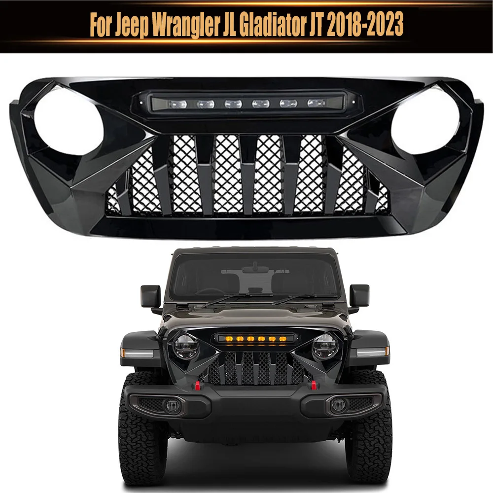 Front Bumper Grille Racing Grill Guard Grid For Jeep Wrangler JL Gladiator JT 2018-2023 Demon Gloss Black Amber Spotlight Style