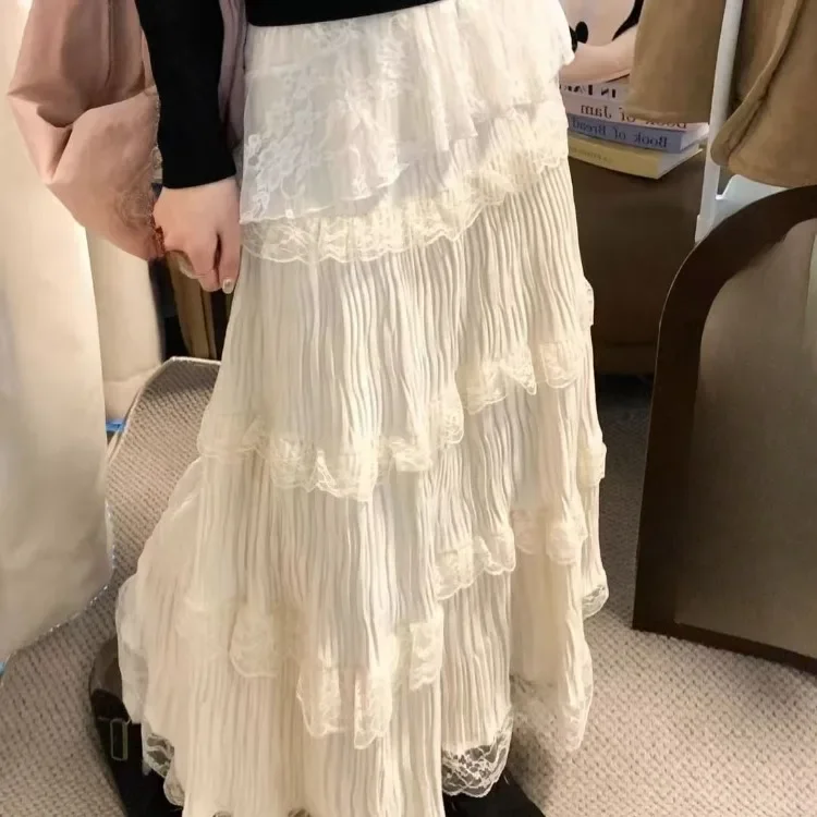 

Long Skirts Women Lace Patchwork Velvet Spring Fashion High Waist French Style Sweet Elegant Skirt Loose Ladies Casual