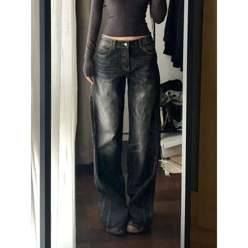 Women's Black Denim Pants Low Rise 2025 Autumn Winter Y2K Baggy Jean Japanese Dark Academia Cowboy Harajuku Grunge Stacked Jeans