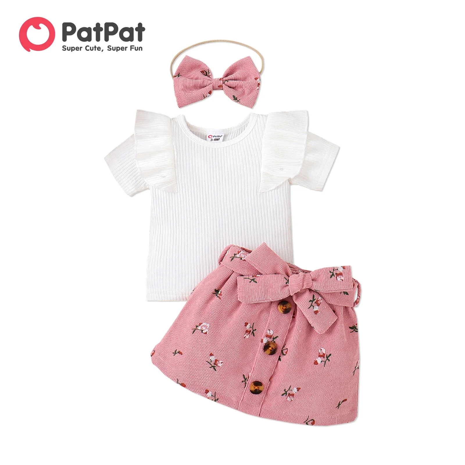 PatPat 3pcs Baby Girl 95% Cotton Ribbed Ruffle Short-sleeve Tee and Floral Print Belted Skirt & Headband Set