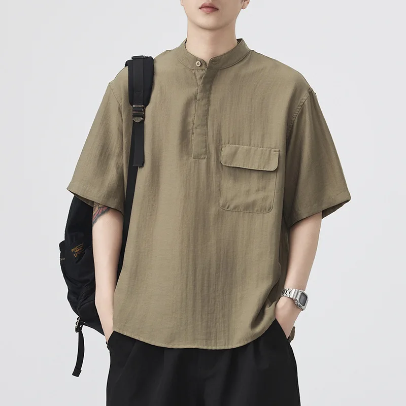 

2025 Summer New Versatile Cotton and Hemp T Japanese Retro Men's American Stand Up Collar Trendy Mid Sleeve Shirt