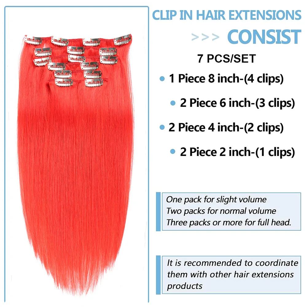 Straight Clip in Hair Extensions Real Human Hair Double Weft Seamless Clip ins Red Color Cosplay Hair Extensions For Women