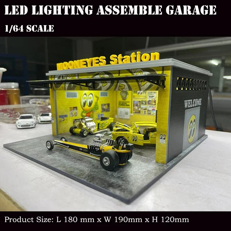 Assemble Diorama 1:64 LED Lighting Garage Model Car Parking Station Display Collection Gifts - Mooneyes