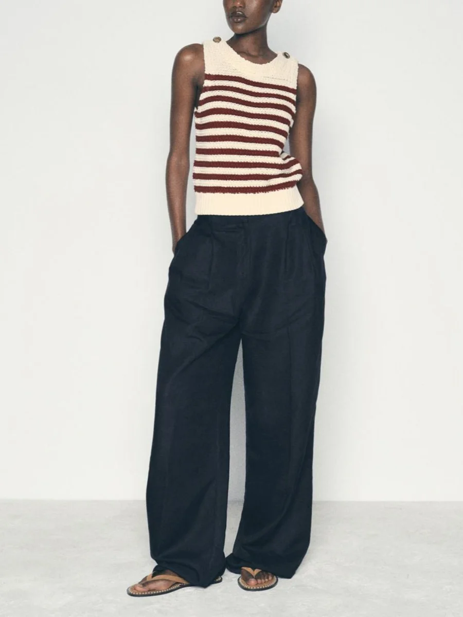 سترة نسائية صيفية جديدة ضيقة بدون أكمام برقبة مستديرة، محبوكة بنمط مخطط قصير الطول، أزياء نسائية عصرية