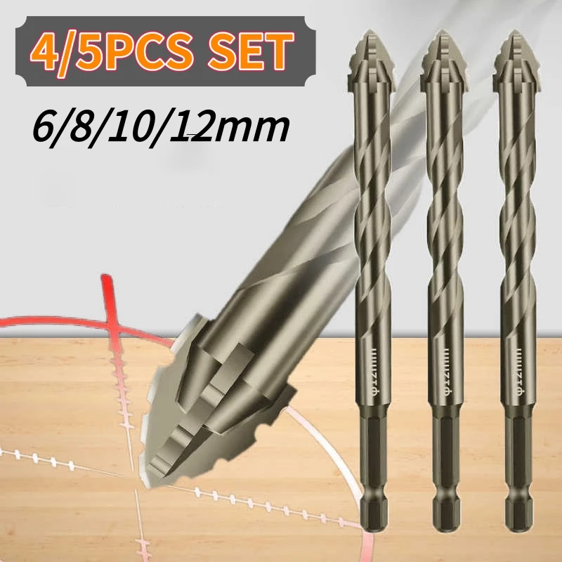 5PCS High-Strength Cross Sawtooth Drill Bits Set Masonry Drill Bits For Concrete/Glass/Brick/Cement/Tile/Wood Drilling Tools