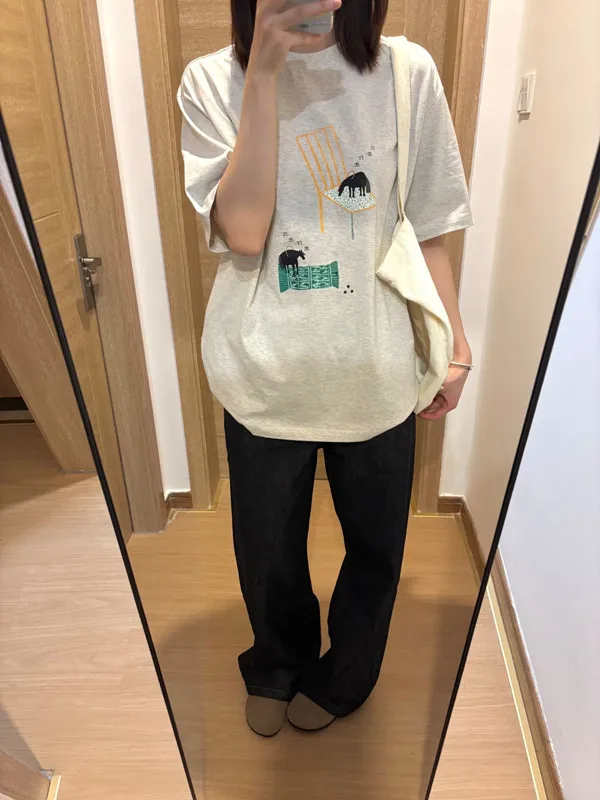 Loose Casual round Neck Short Sleeve T-Shirt Abstract  Print Unisex Summer New Style White Gray Versatile Cotton Top