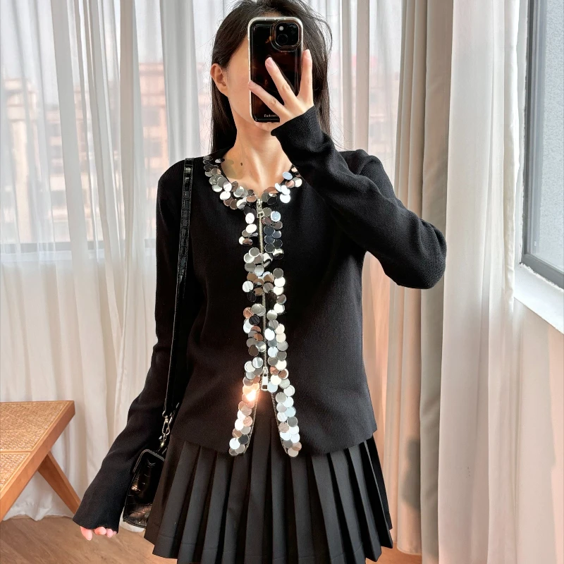 

Women's Black Cardigan Fashion Zipper Three-dimensional Sequins Edge Long Sleeve Slim Knitted Sweater Cardigan Jacket Women