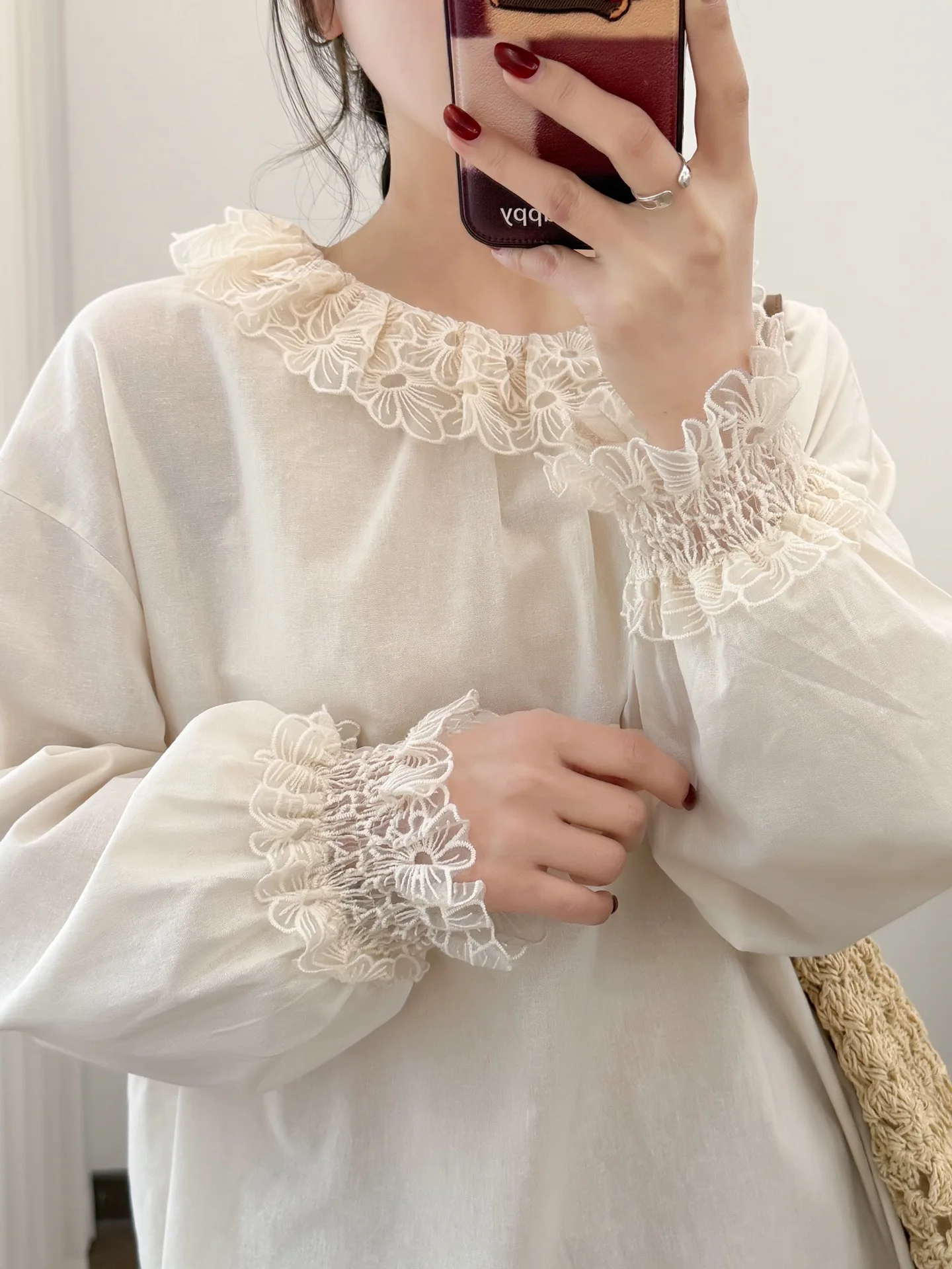 New 2026 Autumn Women Cotton Long Sleeve Shirt, Ruffled Lace Patchwork, Mori Girl French Preppy Style Chic Loose Blouse T67747CC