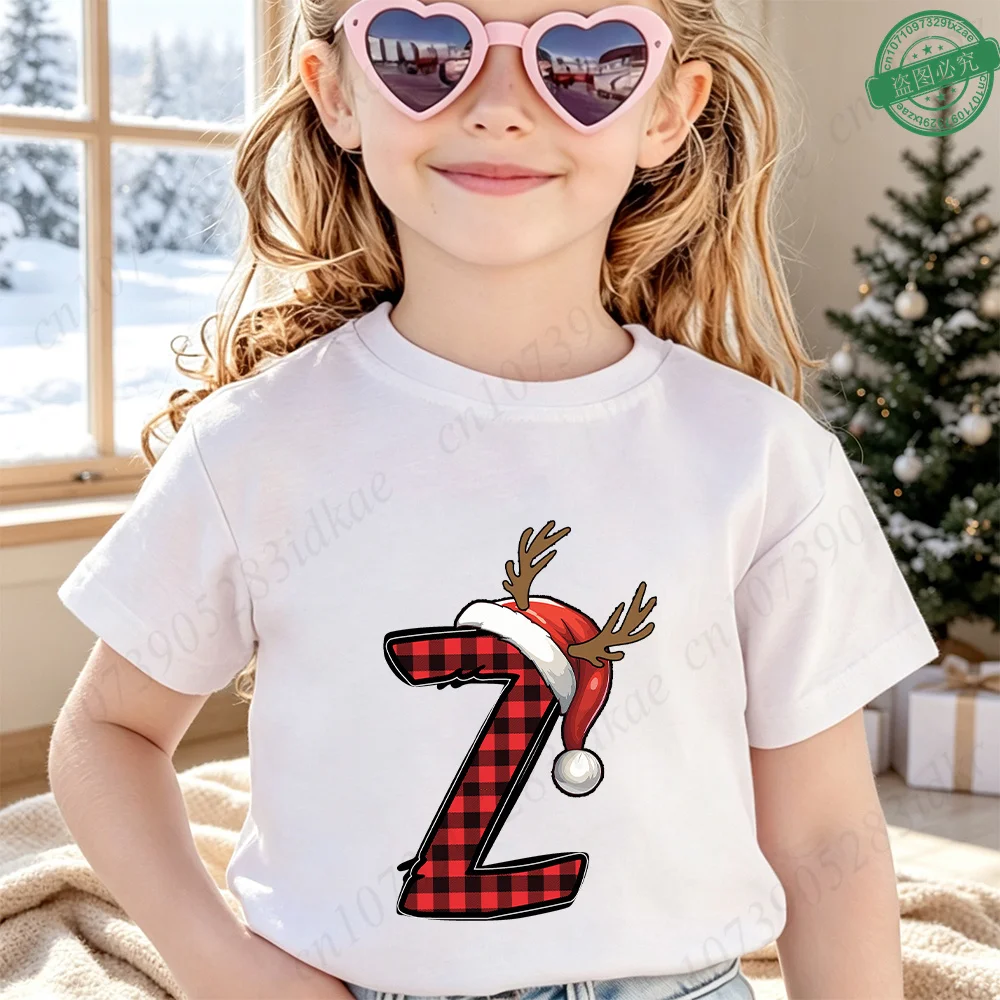 Boys Girls Xmas Party Kids Tee Festive Plaid A‑Z Alphabet Santa Hat Christmas Graphic Cotton Short Sleeve Casual Children Top