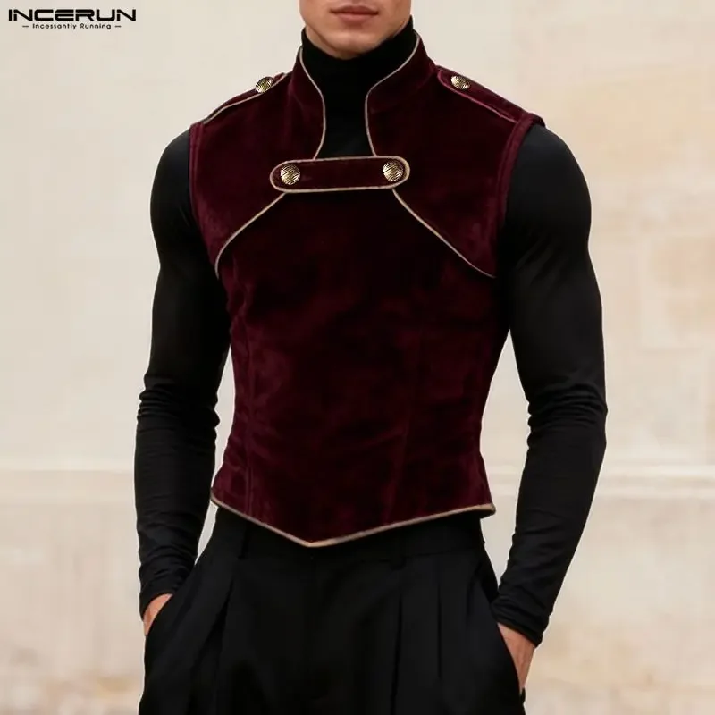 INCERUN Herren Tanktops Patchwork Stehkragen Ärmellos Lässige Männerwesten Streetwear Velours 2026 Modische Crop Tops Herren S-5XL