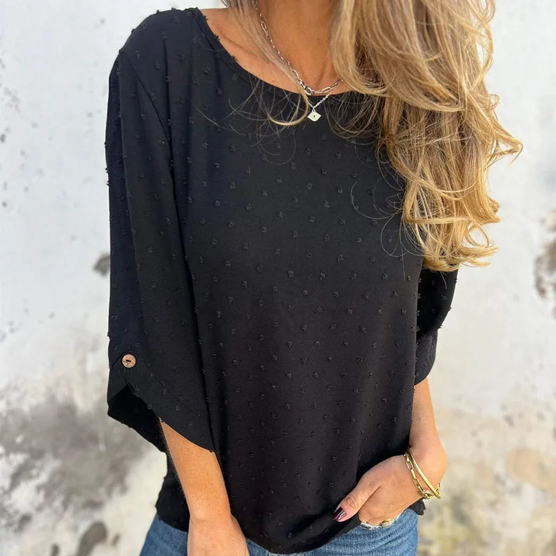 Europe and the United States spring and autumn round collar chiffon jacquard fashion casual loose shirt T-shirt women's wear