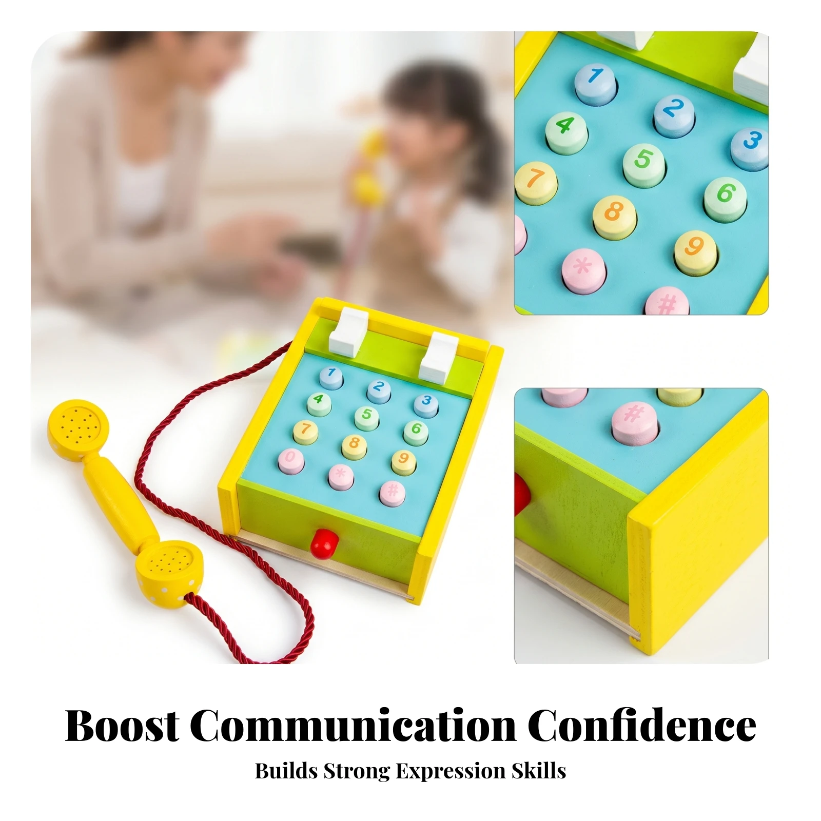 Wooden Toy Telephone Raised Buttons Imitation Telephone Toy Wooden Pretend Phone Twisted Cord Kids Plaything Early Childhood view 5