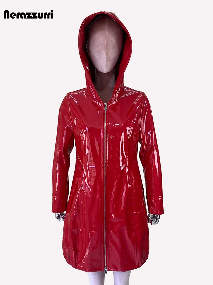 Nerazzurri Spring Fitted Waterproof Shiny Reflective Black Patent Faux Leather Jacket Women with Hood Zipper Red Autumn Clothes