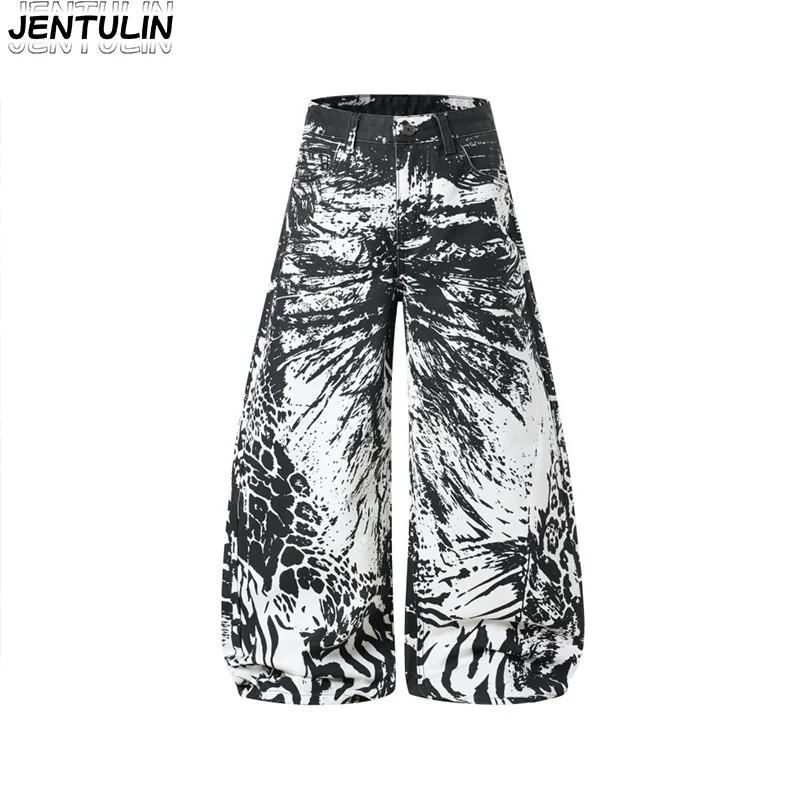 

American Retro Digital Print Ink Animal Print Wide Leg Jeans For Men Loose Street Floor Pants Harajuku Women's Sportswear Pants