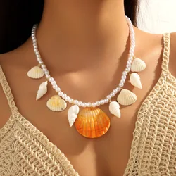 KMVEXO Bohemian Acrylic Shell Conch Pendant Clavicle Necklace Fashion Colorful Rice Beads Necklace Summer Sexy Beach Jewelry