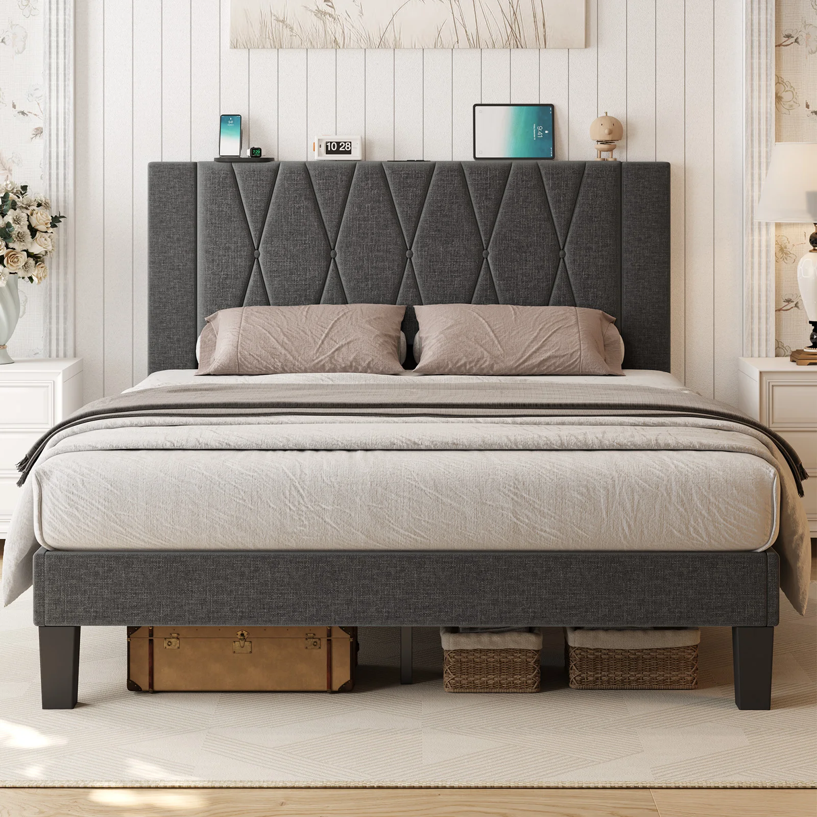 Queen Bed Frame with HeadBoard,Linen Upholstered Platform Bed Frame with Charging & Storage,No Box Spring Needed,Dark Grey