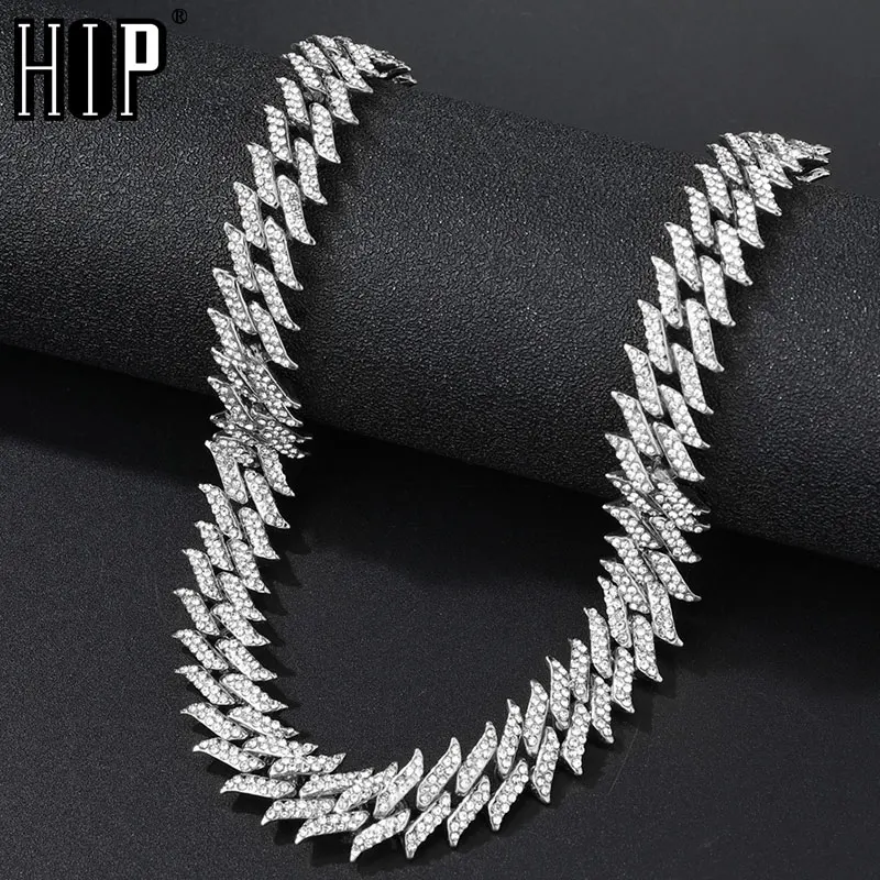 Hip Hop 14MM Thorns Men's Necklace 2Row Bling Iced Out Full Rhinestone Cuban Link Chain Necklaces for Men Women Jewelry