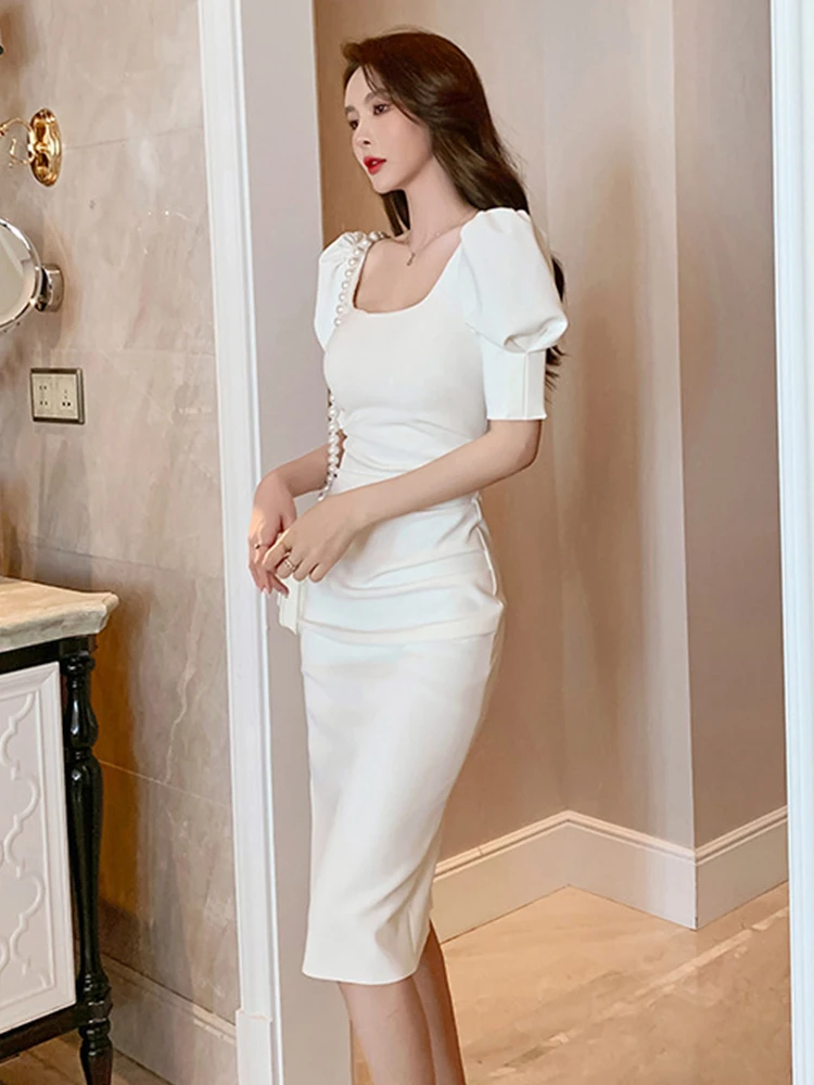 Sweet Bodycon Dress Women Simple Elegant Sexy White Black Bubble Sleeve Skinny Midi Dress Backless Gown Holiday Street Vestidos