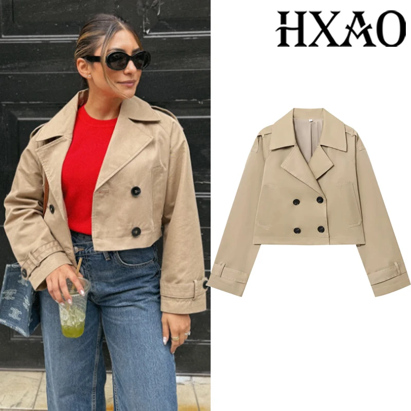 

HXAO Women's Windbreaker Jacket Demi-Season Cropped Coat New In Jackets Long Sleeve Double-Breasted Button Short Trench Coat