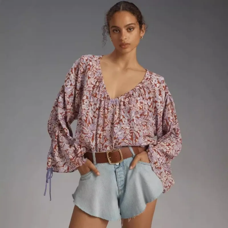 

ALIDI SC European American Casual Top Women's Loose V-neck Pullover Long Sleeved Printed Drawstring Personalized Flared Sleeve