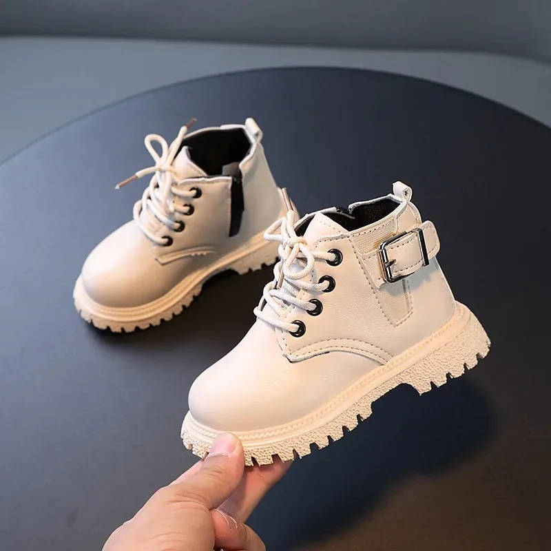 

Children Autumn Winter Front Lacing Leather Boots Side Zipper Girls Solid Color Retro Short Boots Boys Soft-soled Boots Buckle
