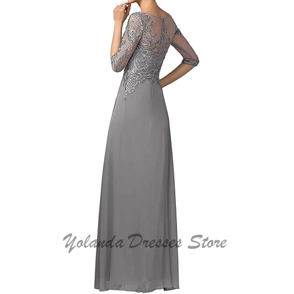 Elegant Scoop Neck Mother of The Bride Dresses Applique Lace Zipper Back Chiffon Formal Evening Gown Floor Length 3/4 Sleeves