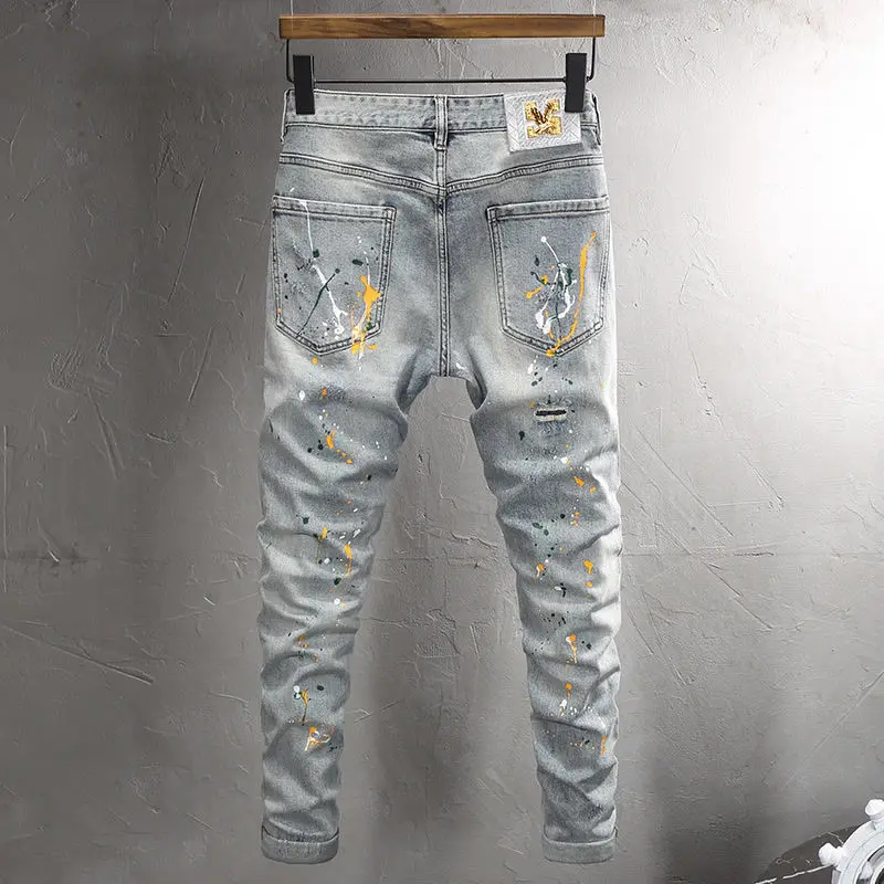 Men's Casual Spring Autumn Pencil Pants Patchwork Washed Hiphop Distressed Slim Designer Luxury Clothing Ink Jet Boyfriend Jeans