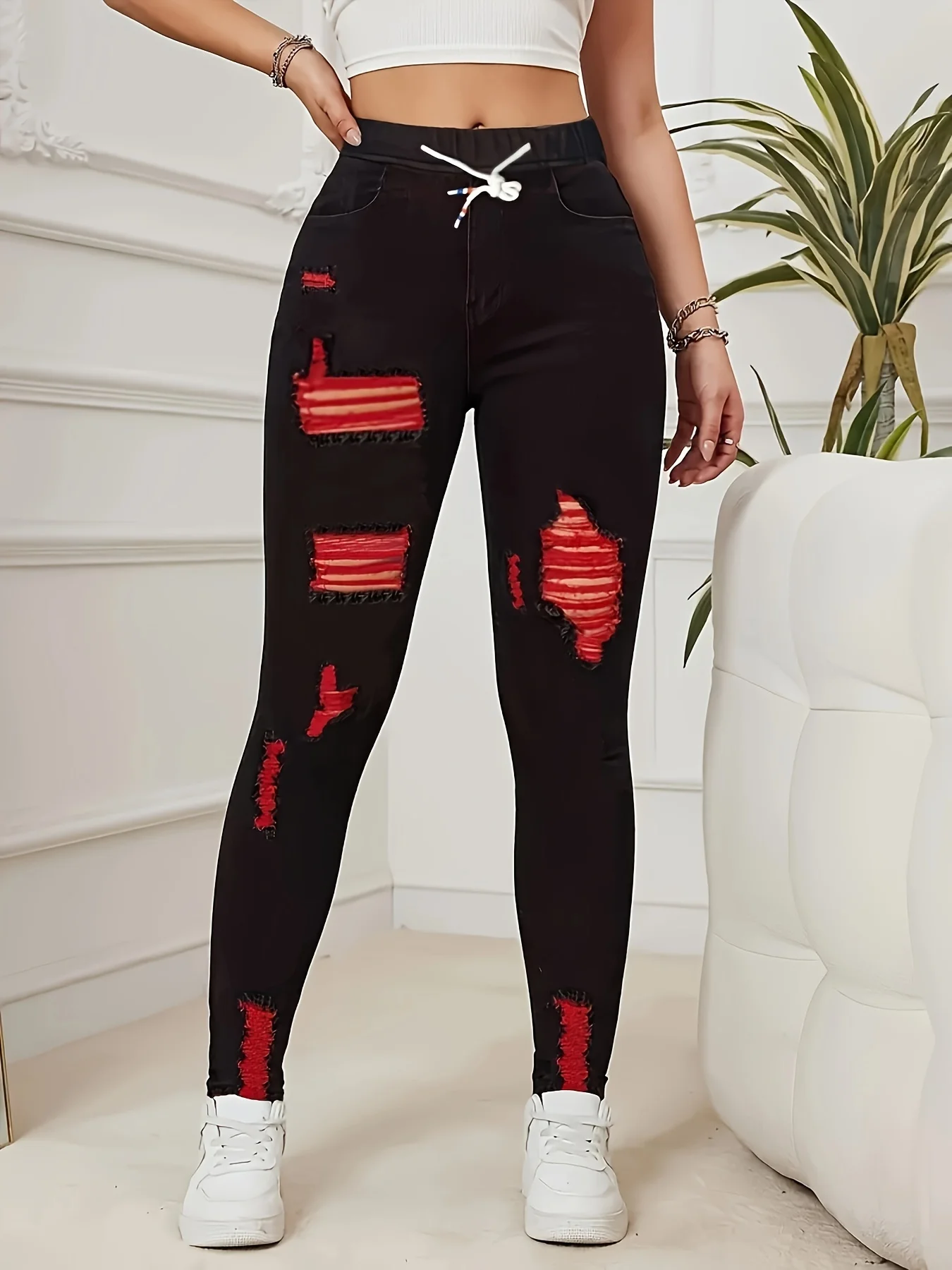 Vaqueros elásticos para mujer, cintura elástica, cordón, elegante, rojo desgastado, flaco, estilo de diseñador personalizado, adecuado para todas las estaciones