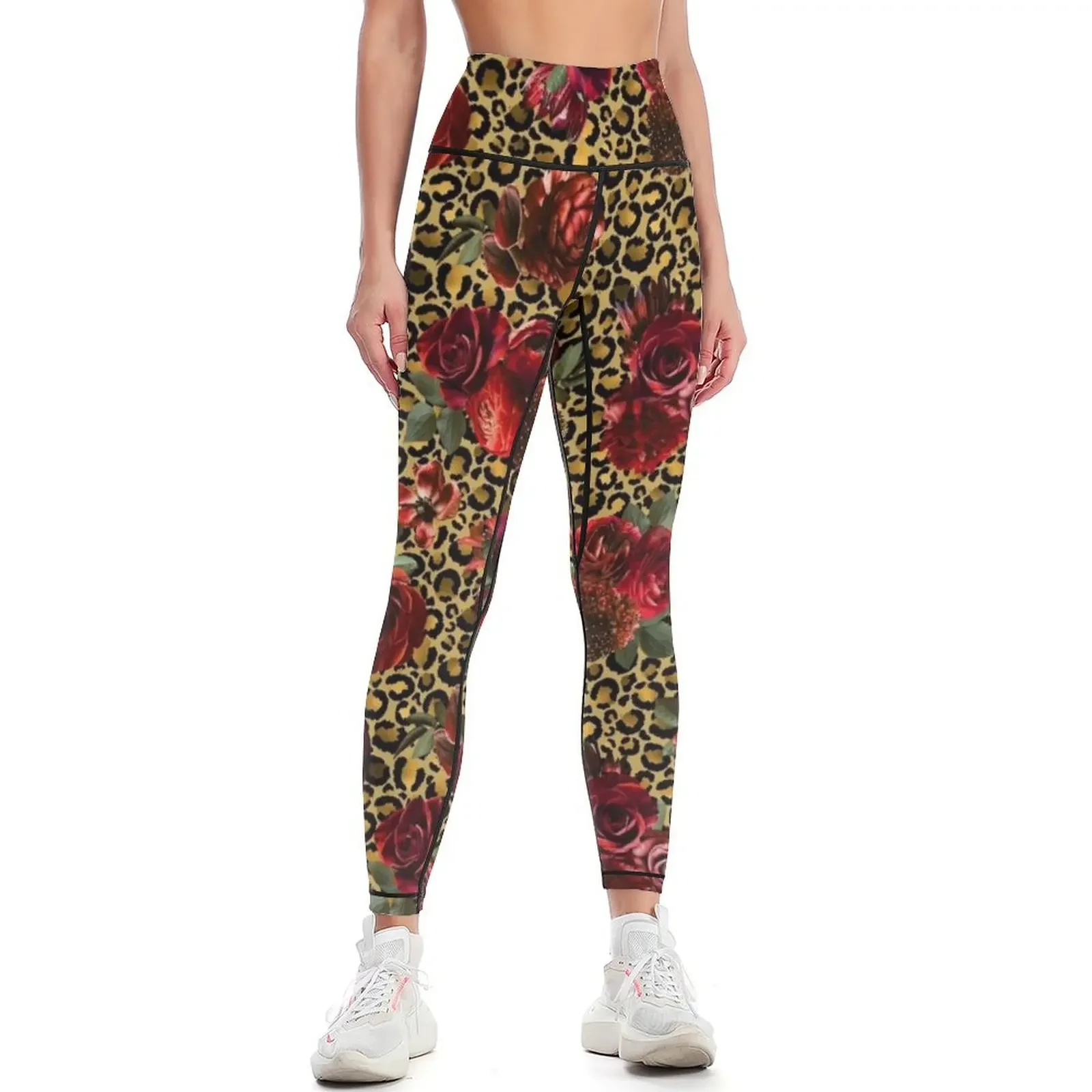 

Red Roses on Leopard Leggings legging pants raises butt gym's clothing sport set Women's trousers Womens Leggings