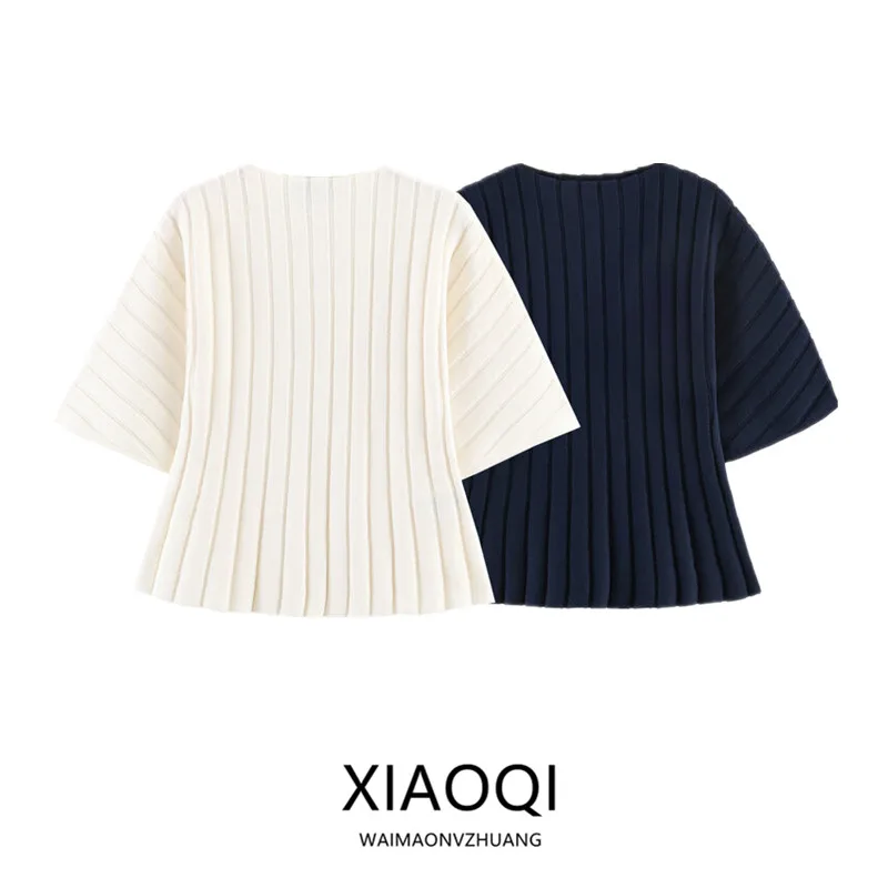 

Весна-Лето 2026: Новинка! Женский вязаный топ с круглым вырезом и короткими рукавами-фонариками. Простой стиль, повседневная мода.