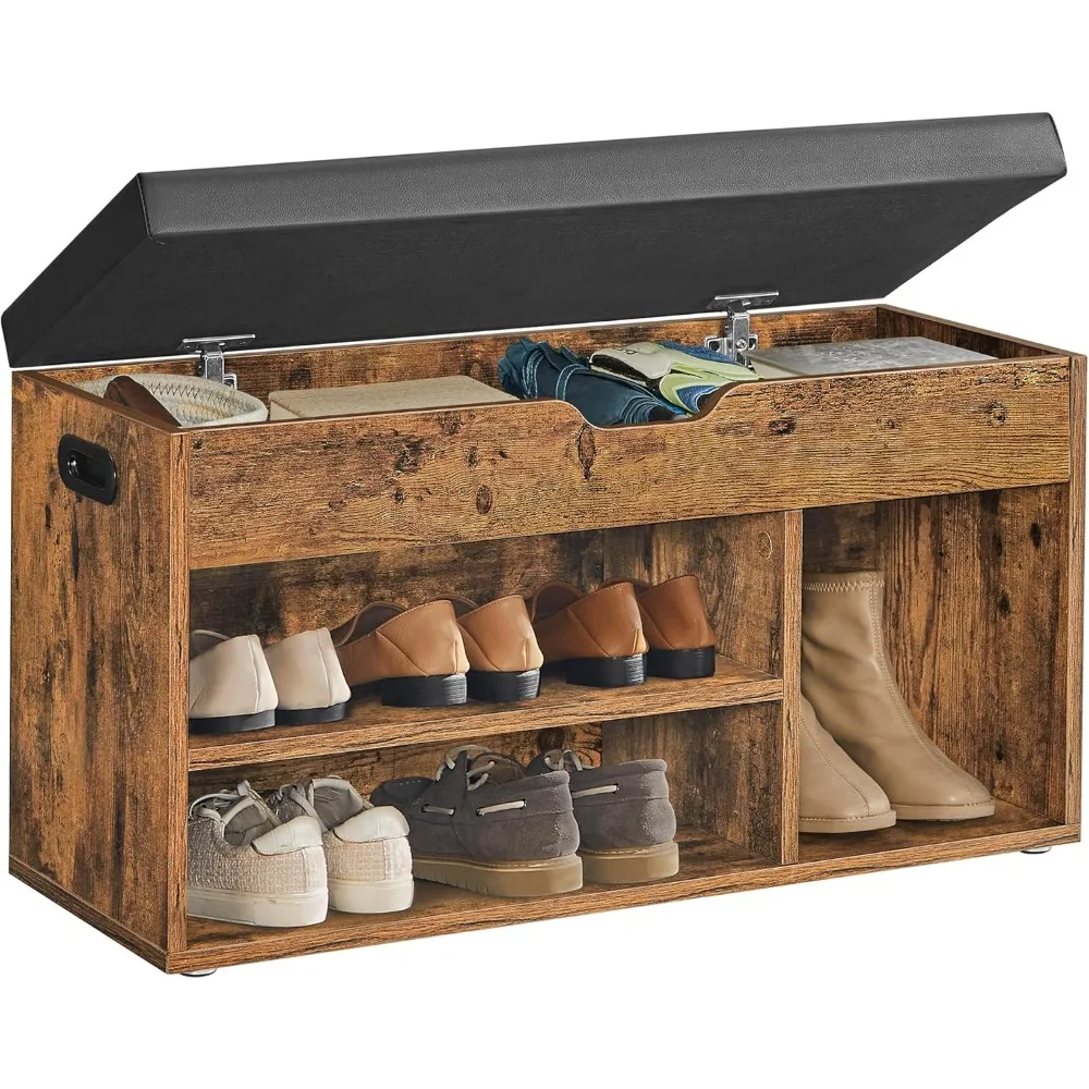 VASAGLE Banco para zapatos con cojín, banco de almacenamiento, 3 compartimentos, almacenamiento oculto, estantes, salón, pasillo, dormitorio, carga 