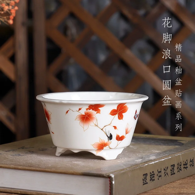 Porcelain Round Glazed Circle Bonsai Pot, Chinese Pattern, Chinese Dormitory Table Room, Home Garden Decoration