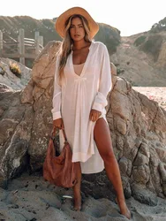 Beach Outing Swimsuit Cover-ups Dress Sexy Deep V Neck Tunic Dresses Kimono Sarong Women Clothes 2023 Beachwear Bikinis Cover Up