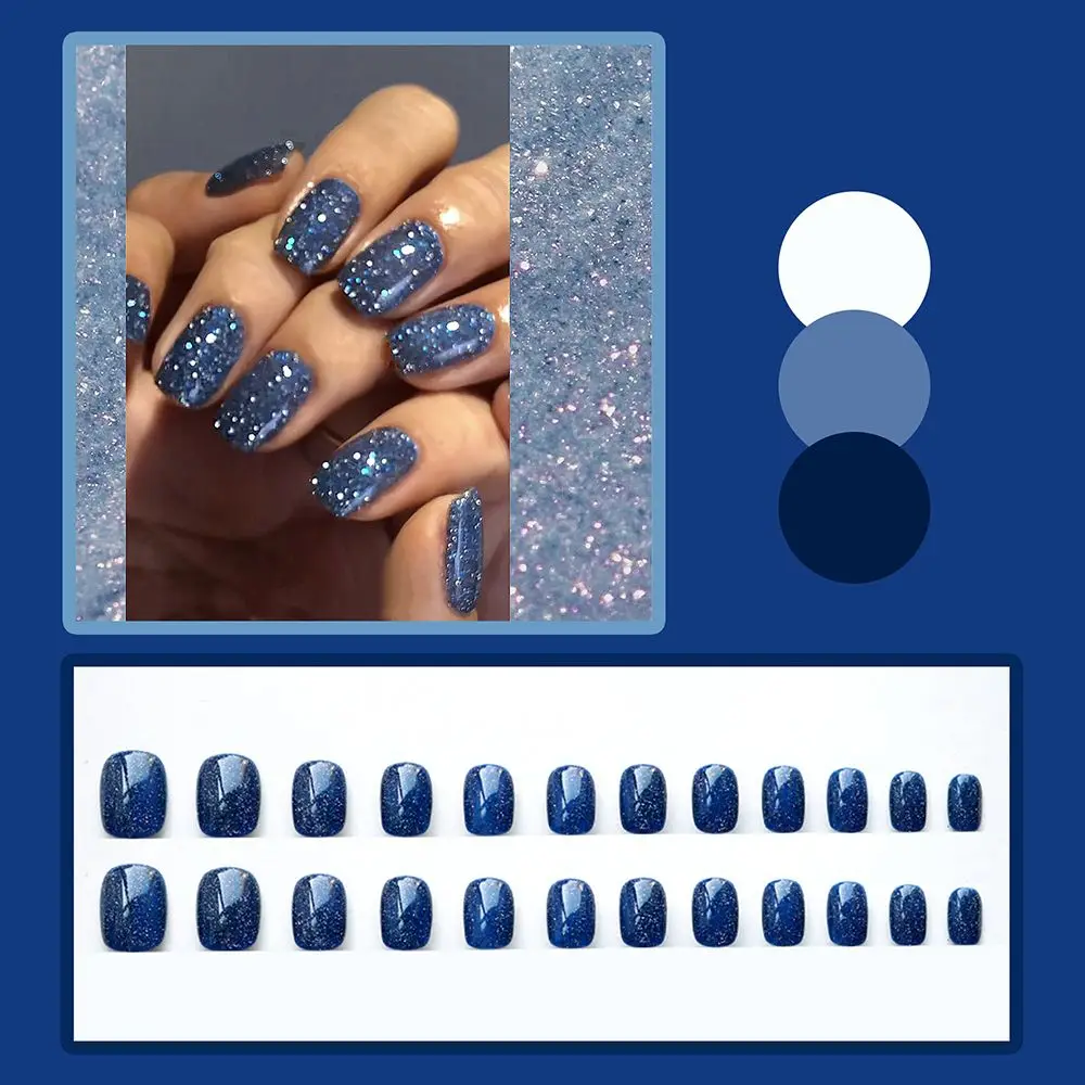 24 stks/doos afneembare korte ronde/vierkante kop kunstnagels draagbare glitter pailletten nepnagels volledige dekking nageltips druk op nagels