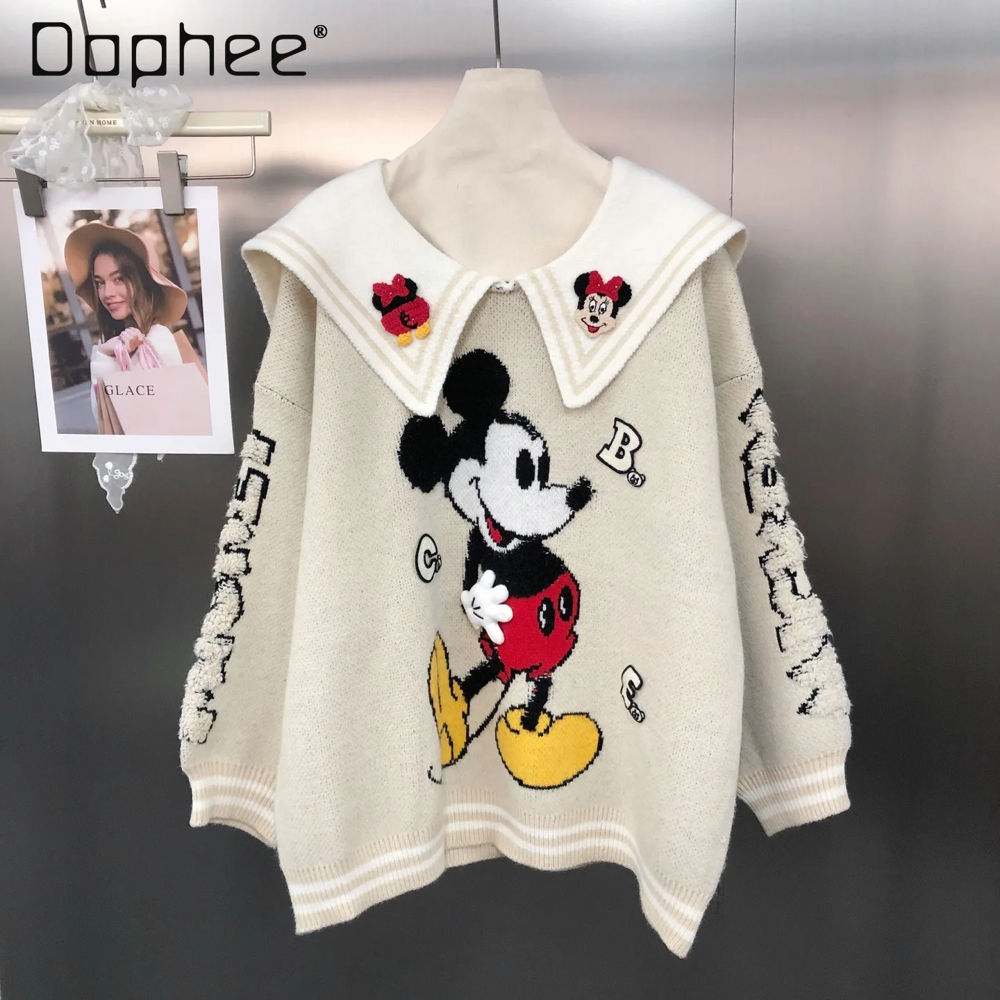 

2025 Korean Version Age-Reducing Fashion Navy Collar Embroidered Cartoon Jacquard Loose College Style Pullover Sweater Women